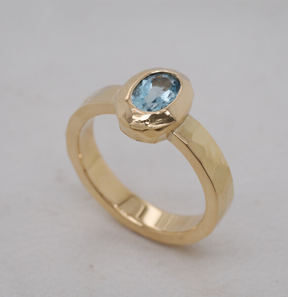 Aquamarine Yellow Gold Hammered Ring Angle 1080x1115