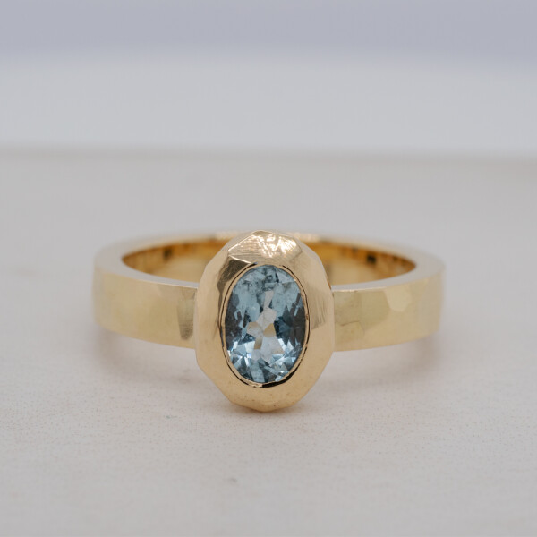 Aquamarine Hammered Gold Ring