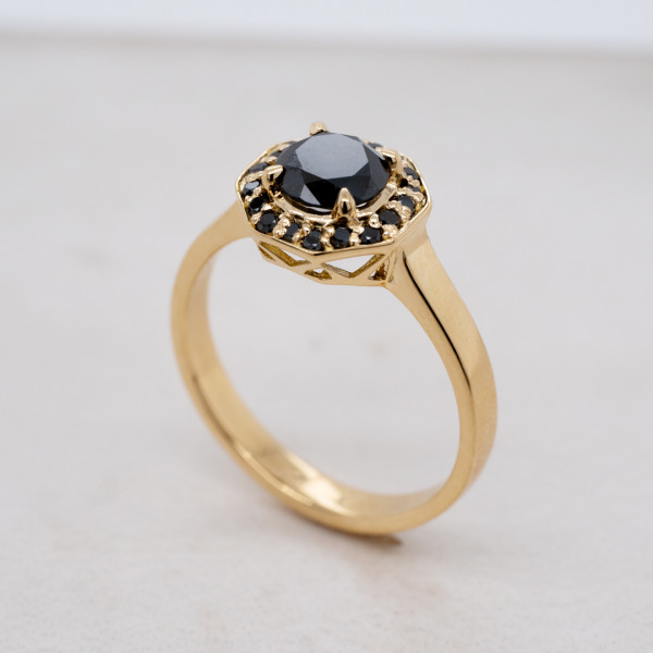 BA7365 Black Diamond Halo Yellow Gold Ring Angle 1080x1080 copy