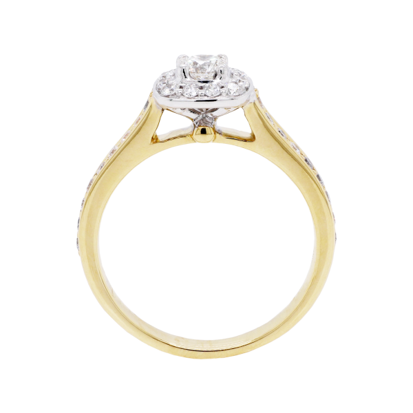 round cut diamond cushion shaped halo ring yellow gold front 1083x1083