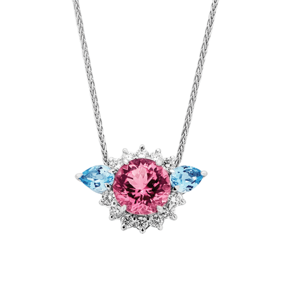 Multi-way Pink Tourmaline, Aquamarine and Diamond Pendant