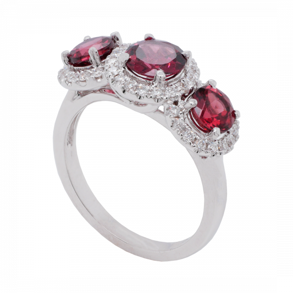 Rubellite Garnet 3-Stone Diamond Halo Ring