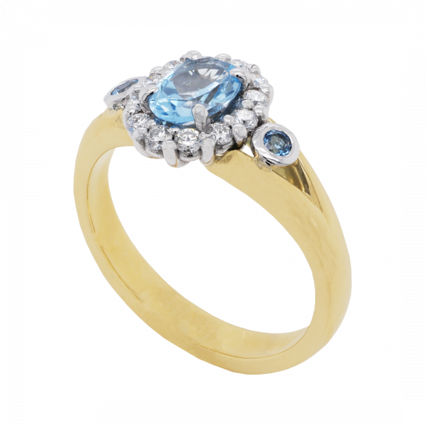 Aquamarine and Diamond Halo Cluster Ring