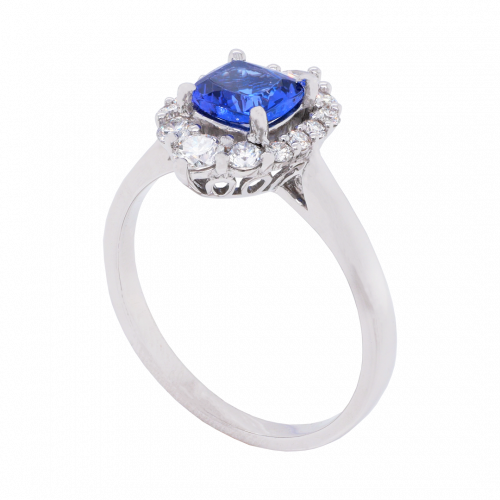 Cushion Shaped Tanzanite Diamond Halo Ring