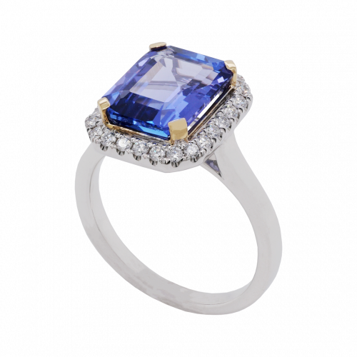 Octagonal Cut Tanzanite and Diamond Halo Ring