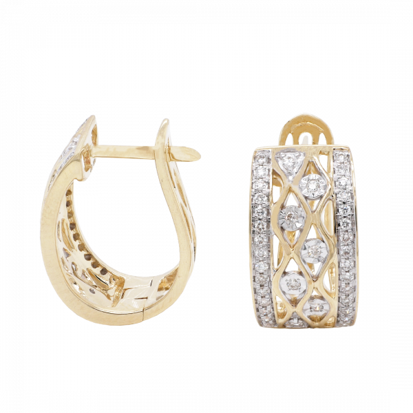 Gold Diamond Set Filigree Huggie Hoop Earrings
