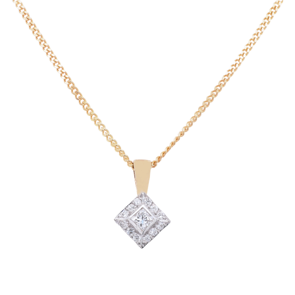 Yellow Gold Princess Diamond Halo Drop Pendant