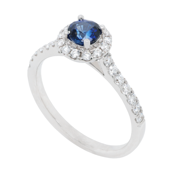 Round Ceylon Sapphire and Diamond Halo Ring