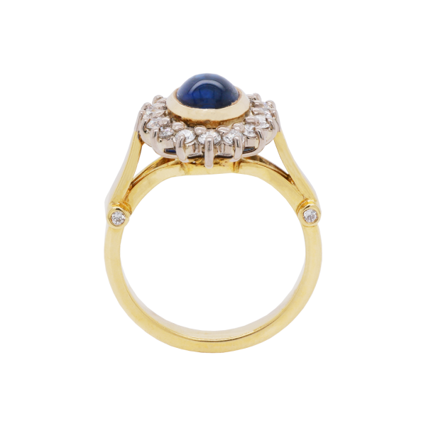 Edwardian Natural No-Heat Cabochon Sapphire and Diamond Halo Ring