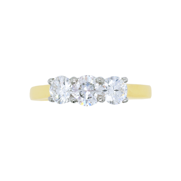 Round Brilliant Diamond Three Stone Yellow Gold Platinum Ring Top 1083x1083